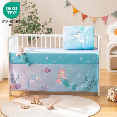 Mermaid Crib Bedding Set, 4 Piece Cartoon Quilt Fitted Sheet Crib Skirt Plush Toy, 28 x 52 inches 10 Product: TCOYIWL 4-Piece Crib Bedding Set for Boys Girls, Infant Toddler Nursery Baby Bedding Sets Includes Cartoon Quilt, Fitted Crib Sheet, Crib Skirt and Plush Toy (Mermaid)