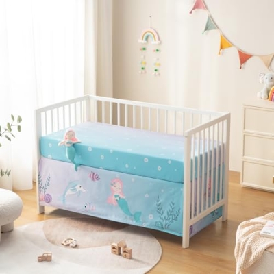 Mermaid Crib Bedding Set, 4 Piece Cartoon Quilt Fitted Sheet Crib Skirt Plush Toy, 28 x 52 inches 15 Product: TCOYIWL 4-Piece Crib Bedding Set for Boys Girls, Infant Toddler Nursery Baby Bedding Sets Includes Cartoon Quilt, Fitted Crib Sheet, Crib Skirt and Plush Toy (Mermaid)