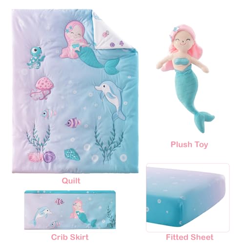 Mermaid Crib Bedding Set, 4 Piece Cartoon Quilt Fitted Sheet Crib Skirt Plush Toy, 28 x 52 inches 1 Product: TCOYIWL 4-Piece Crib Bedding Set for Boys Girls, Infant Toddler Nursery Baby Bedding Sets Includes Cartoon Quilt, Fitted Crib Sheet, Crib Skirt and Plush Toy (Mermaid)