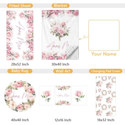 Personalized Pink Flowers Custom Crib Bedding Set, 5 Piece Baby Girl Nursery Set, Double Layer Blanket, 32.5cm 15 Product: Terwex Custom Crib Bedding Set - 5 Pcs Personalized Name Pink Flowers Baby Crib Set for Infant Toddler Girl - Comfortable Double Layer Nursery Bedding Set - Customized Present for Birthday Baby Shower