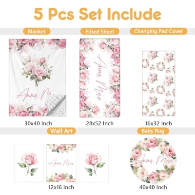 Personalized Pink Flowers Custom Crib Bedding Set, 5 Piece Baby Girl Nursery Set, Double Layer Blanket, 32.5cm 9 Product: Terwex Custom Crib Bedding Set - 5 Pcs Personalized Name Pink Flowers Baby Crib Set for Infant Toddler Girl - Comfortable Double Layer Nursery Bedding Set - Customized Present for Birthday Baby Shower