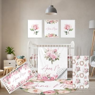 Product: Terwex Custom Crib Bedding Set - 5 Pcs Personalized Name Pink Flowers Baby Crib Set for Infant Toddler Girl - Comfortable Double Layer Nursery Bedding Set - Customized Present for Birthday Baby Shower