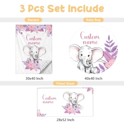 Product: Terwex Personalized Baby Bedding Set - 3 Pcs Custom Name Crib Bedding Set for Nursery, Soft Double Layer Baby Crib Set for Boys Girls, Customized Gifts for New Parents Infant Toddler, Purple Elephant