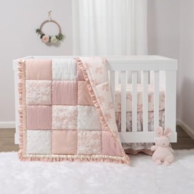 Product: The Peanutshell 3 Piece Baby Crib Bedding Set for Girls - Cotton Fitted Crib Sheet, Layered Dust Ruffle, Comforter, Newborn, Infant & Toddler Vintage Nursery Bed Set Decor, Pink, Gold, Floral - Grace