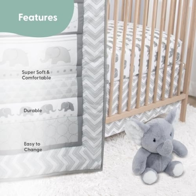 Peanutshell Grey Elephant Baby Crib Bedding Set, 4 Piece Nursery Set, Fitted Sheet, Dust Ruffle, Comforter, Plush Toy, 28x52in 10 Product: The Peanutshell 4 Piece Baby Crib Bedding Set for Boys & Girls - Newborn, Infant & Toddler Nursery Bed Set with Fitted Crib Sheet, Dust Ruffle Comforter, Plush Elephant Toy, Grey Elephant Decor