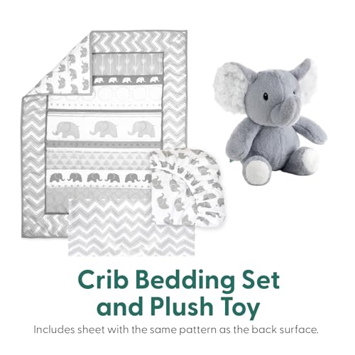 Peanutshell Grey Elephant Baby Crib Bedding Set, 4 Piece Nursery Set, Fitted Sheet, Dust Ruffle, Comforter, Plush Toy, 28x52in 1 Product: The Peanutshell 4 Piece Baby Crib Bedding Set for Boys & Girls - Newborn, Infant & Toddler Nursery Bed Set with Fitted Crib Sheet, Dust Ruffle Comforter, Plush Elephant Toy, Grey Elephant Decor