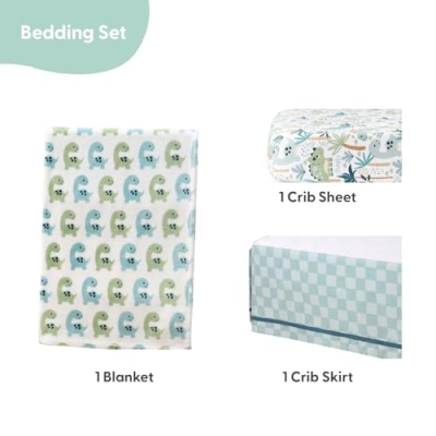 Product: The Peanutshell Baby Crib Bedding Set for Boys - 3 Pieces - Newborn, Infant & Toddler Bed - Dino Fitted Crib Sheet and Plush Baby Blanket Set with Checkered Dust Ruffle - Dinosaur Nursery Decor