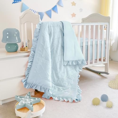 Blue Mini Crib Bedding Set for Girls, Boho Tufted Jacquard Ruffle Fringe, 3 Piece Nursery Set, 24 x 38 inch 16 Product: Wowelife Mini Crib Bedding Set for Girls, 3 Piece Tufted Jacquard Ruffle Fringe Baby Girl Crib Bedding Set Newborn, Infant & Nursery with Comforter, Crib Fitted Sheet and Crib Skirt, Blue