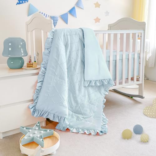 Blue Mini Crib Bedding Set for Girls, Boho Tufted Jacquard Ruffle Fringe, 3 Piece Nursery Set, 24 x 38 inch 7 Product: Wowelife Mini Crib Bedding Set for Girls, 3 Piece Tufted Jacquard Ruffle Fringe Baby Girl Crib Bedding Set Newborn, Infant & Nursery with Comforter, Crib Fitted Sheet and Crib Skirt, Blue