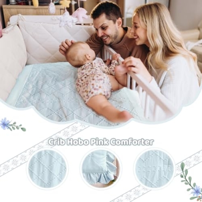 Blue Mini Crib Bedding Set for Girls, Boho Tufted Jacquard Ruffle Fringe, 3 Piece Nursery Set, 24 x 38 inch 15 Product: Wowelife Mini Crib Bedding Set for Girls, 3 Piece Tufted Jacquard Ruffle Fringe Baby Girl Crib Bedding Set Newborn, Infant & Nursery with Comforter, Crib Fitted Sheet and Crib Skirt, Blue