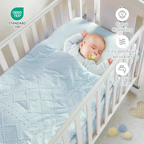 Blue Mini Crib Bedding Set for Girls, Boho Tufted Jacquard Ruffle Fringe, 3 Piece Nursery Set, 24 x 38 inch 4 Product: Wowelife Mini Crib Bedding Set for Girls, 3 Piece Tufted Jacquard Ruffle Fringe Baby Girl Crib Bedding Set Newborn, Infant & Nursery with Comforter, Crib Fitted Sheet and Crib Skirt, Blue