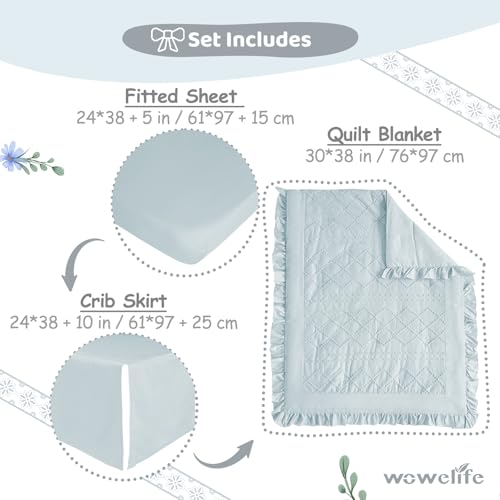Blue Mini Crib Bedding Set for Girls, Boho Tufted Jacquard Ruffle Fringe, 3 Piece Nursery Set, 24 x 38 inch 3 Product: Wowelife Mini Crib Bedding Set for Girls, 3 Piece Tufted Jacquard Ruffle Fringe Baby Girl Crib Bedding Set Newborn, Infant & Nursery with Comforter, Crib Fitted Sheet and Crib Skirt, Blue