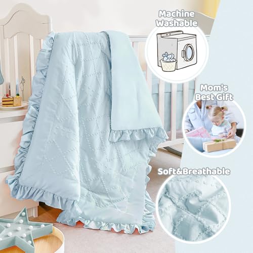 Blue Mini Crib Bedding Set for Girls, Boho Tufted Jacquard Ruffle Fringe, 3 Piece Nursery Set, 24 x 38 inch 2 Product: Wowelife Mini Crib Bedding Set for Girls, 3 Piece Tufted Jacquard Ruffle Fringe Baby Girl Crib Bedding Set Newborn, Infant & Nursery with Comforter, Crib Fitted Sheet and Crib Skirt, Blue
