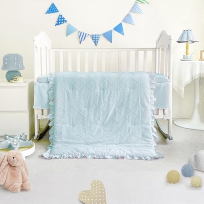 Blue Mini Crib Bedding Set for Girls, Boho Tufted Jacquard Ruffle Fringe, 3 Piece Nursery Set, 24 x 38 inch 10 Product: Wowelife Mini Crib Bedding Set for Girls, 3 Piece Tufted Jacquard Ruffle Fringe Baby Girl Crib Bedding Set Newborn, Infant & Nursery with Comforter, Crib Fitted Sheet and Crib Skirt, Blue