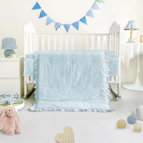 Blue Mini Crib Bedding Set for Girls, Boho Tufted Jacquard Ruffle Fringe, 3 Piece Nursery Set, 24 x 38 inch 1 Product: Wowelife Mini Crib Bedding Set for Girls, 3 Piece Tufted Jacquard Ruffle Fringe Baby Girl Crib Bedding Set Newborn, Infant & Nursery with Comforter, Crib Fitted Sheet and Crib Skirt, Blue