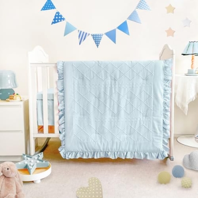 Product: Wowelife Mini Crib Bedding Set for Girls, 3 Piece Tufted Jacquard Ruffle Fringe Baby Girl Crib Bedding Set Newborn, Infant & Nursery with Comforter, Crib Fitted Sheet and Crib Skirt, Blue