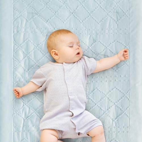 Blue Mini Crib Bedding Set for Girls, Boho Tufted Jacquard Ruffle Fringe, 3 Piece Nursery Set, 24 x 38 inch 8 Product: Wowelife Mini Crib Bedding Set for Girls, 3 Piece Tufted Jacquard Ruffle Fringe Baby Girl Crib Bedding Set Newborn, Infant & Nursery with Comforter, Crib Fitted Sheet and Crib Skirt, Blue