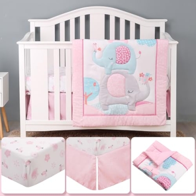 Product: YCDTMY 3 Piece Baby Crib Bedding Set for Girls, Baby Bedding Includes Comforter, Fitted Sheet, Skirt, Newborn Infant & Toddler Standard Size Bed Set, Pink Elephant