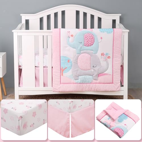 Product: YCDTMY 3 Piece Baby Crib Bedding Set for Girls, Baby Bedding Includes Comforter, Fitted Sheet, Skirt, Newborn Infant & Toddler Standard Size Bed Set, Pink Elephant