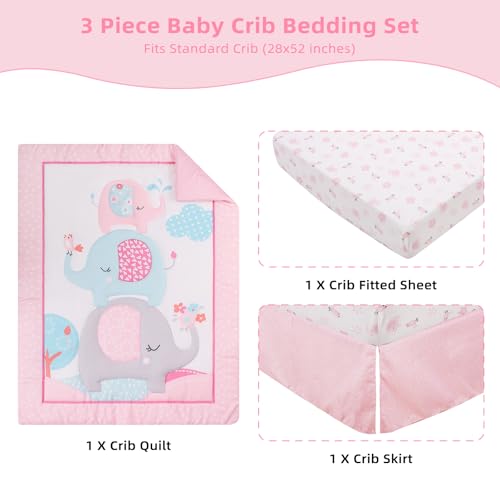 Product: YCDTMY 3 Piece Baby Crib Bedding Set for Girls, Baby Bedding Includes Comforter, Fitted Sheet, Skirt, Newborn Infant & Toddler Standard Size Bed Set, Pink Elephant