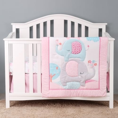 Product: YCDTMY 3 Piece Baby Crib Bedding Set for Girls, Baby Bedding Includes Comforter, Fitted Sheet, Skirt, Newborn Infant & Toddler Standard Size Bed Set, Pink Elephant