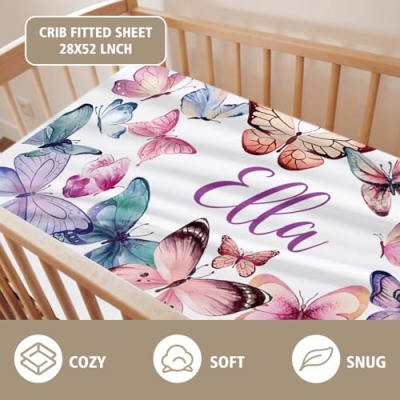 Personalized Pink Butterfly 3 Piece Crib Bedding Set, Custom Name Baby Bedding Set, Floral Nursery 30x40in 30x40in 12 Product: YISMEET Custom Name Crib Bedding Set 3-Piece, Personalized Baby Bedding Set with Soft Blanket, Fitted Sheet, Changing Pad Cover, Ideal for Baby Girls, Pink Butterfly Pattern