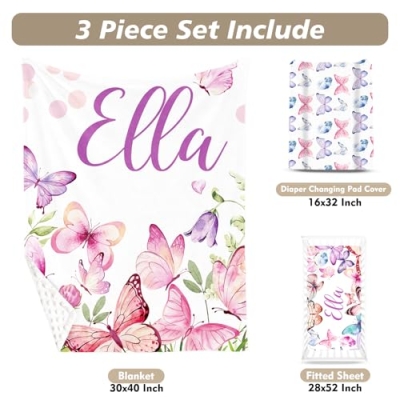 Personalized Pink Butterfly 3 Piece Crib Bedding Set, Custom Name Baby Bedding Set, Floral Nursery 30x40in 30x40in 9 Product: YISMEET Custom Name Crib Bedding Set 3-Piece, Personalized Baby Bedding Set with Soft Blanket, Fitted Sheet, Changing Pad Cover, Ideal for Baby Girls, Pink Butterfly Pattern