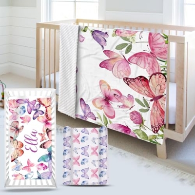 Product: YISMEET Custom Name Crib Bedding Set 3-Piece, Personalized Baby Bedding Set with Soft Blanket, Fitted Sheet, Changing Pad Cover, Ideal for Baby Girls, Pink Butterfly Pattern