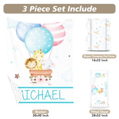 Personalized Hot Air Balloon Nursery Bedding Set, Custom Name Crib Set, 3 Piece Girls Nursery Gift, 30x40in 9 Product: YISMEET Custom Name Crib Bedding Set - Hot Air Balloon Tours Pattern, Personalized Nursery Bedding 3-Piece Set– Soft Blanket, Fitted Sheet, Changing Pad Cover – for Newborns Girls Nursery Gifts