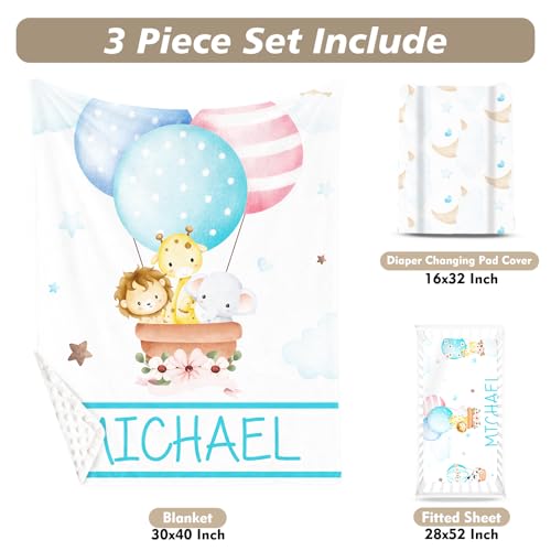 Personalized Hot Air Balloon Nursery Bedding Set, Custom Name Crib Set, 3 Piece Girls Nursery Gift, 30x40in 1 Product: YISMEET Custom Name Crib Bedding Set - Hot Air Balloon Tours Pattern, Personalized Nursery Bedding 3-Piece Set– Soft Blanket, Fitted Sheet, Changing Pad Cover – for Newborns Girls Nursery Gifts