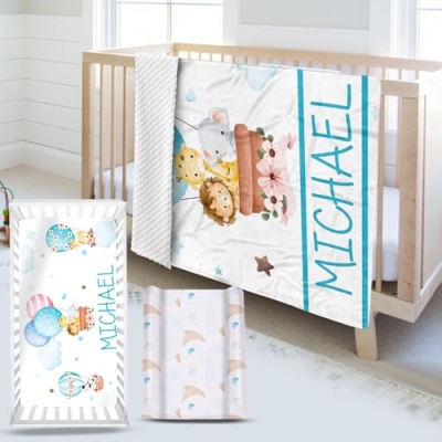 Product: YISMEET Custom Name Crib Bedding Set - Hot Air Balloon Tours Pattern, Personalized Nursery Bedding 3-Piece Set– Soft Blanket, Fitted Sheet, Changing Pad Cover – for Newborns Girls Nursery Gifts