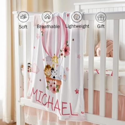 Product: YISMEET Custom Name Crib Bedding Set, Personalized Nursery Bedding 3-Piece Set– Soft Blanket, Fitted Sheet, Room Rug – Perfect Nursery Gifts for Newborns, Pink Animal Tour Theme for Baby Girls