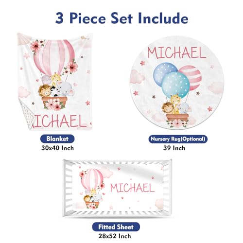 Product: YISMEET Custom Name Crib Bedding Set, Personalized Nursery Bedding 3-Piece Set– Soft Blanket, Fitted Sheet, Room Rug – Perfect Nursery Gifts for Newborns, Pink Animal Tour Theme for Baby Girls