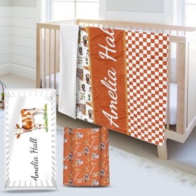 Product: YISMEET Personalized Baby Crib Bedding Set: 3 Piece Custom Crib Bed Set with Name, Nursery Bedding Set for Baby Girls, Newborn Boys Crib Sets, Orange Farm Theme Baby Bedding Set, Perfect Nursery Gift